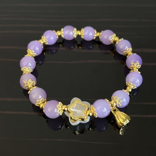Purple Bead Bracelet with Peach Blossom & Lotus - Ideal Gift for Her