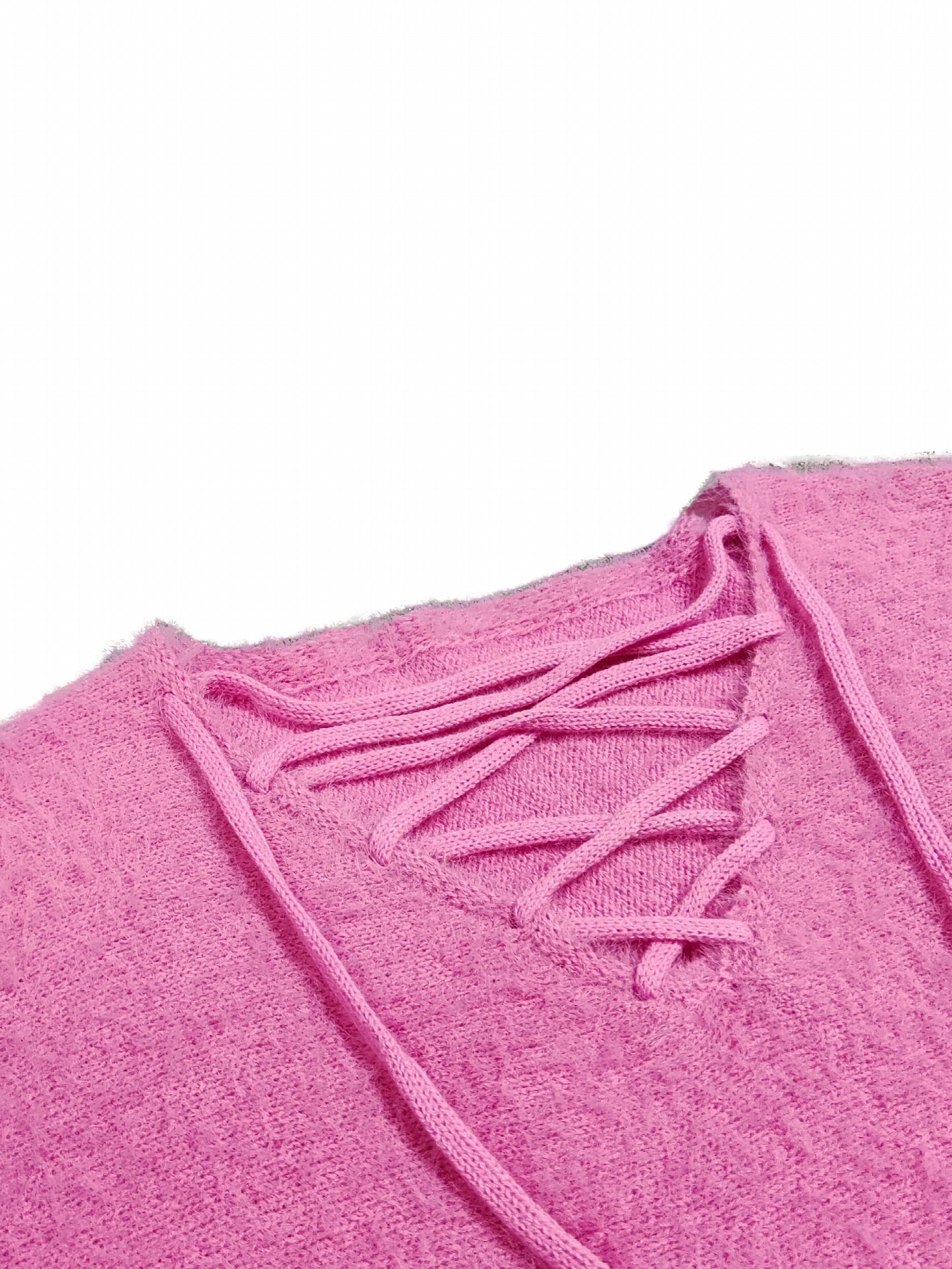  Solid Eyelash Bat Sleeve Lace Up Jumper