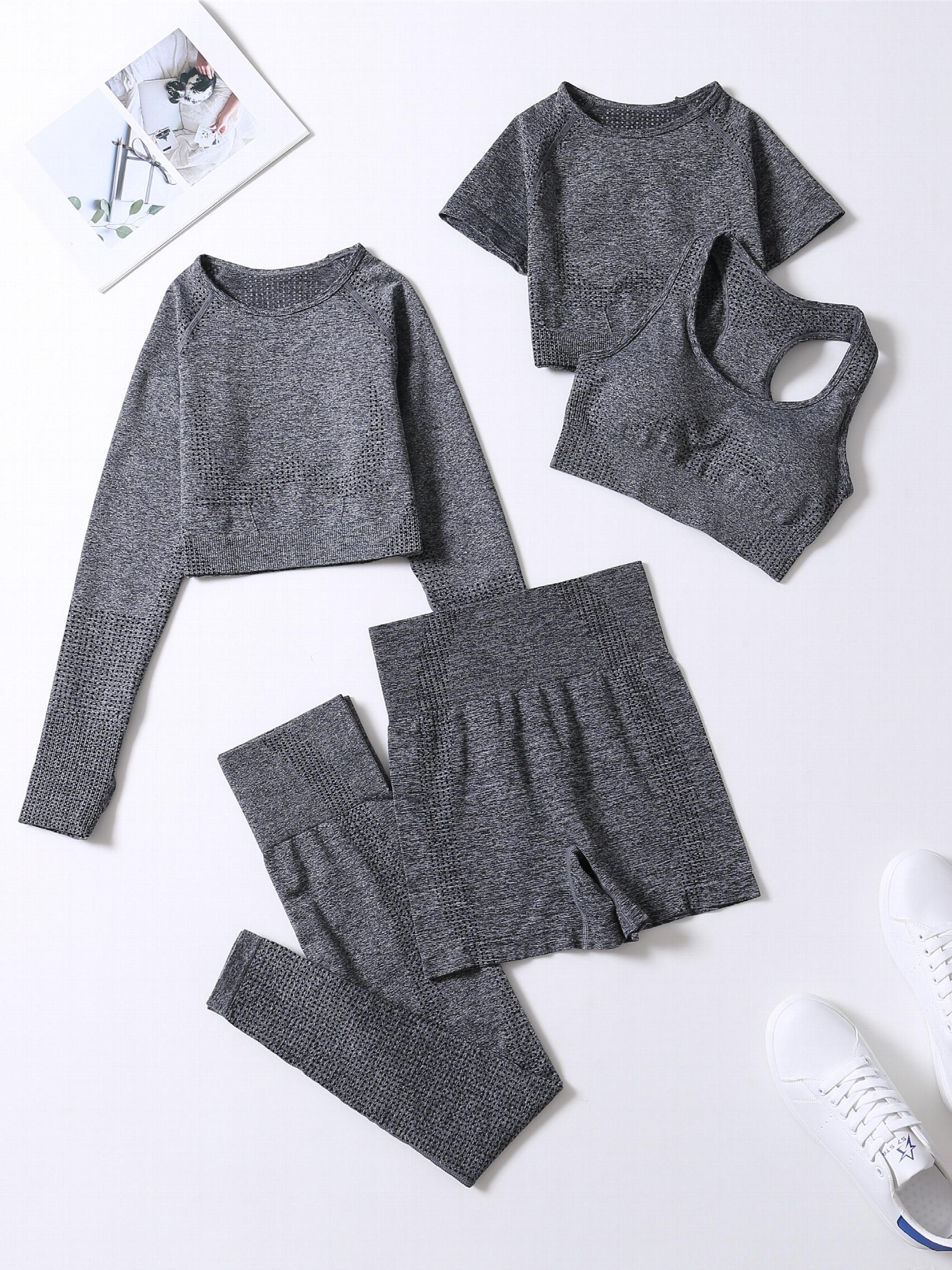 5pcs Workout Sets Crew Neck Sports Bra High Waist Shorts Leggings