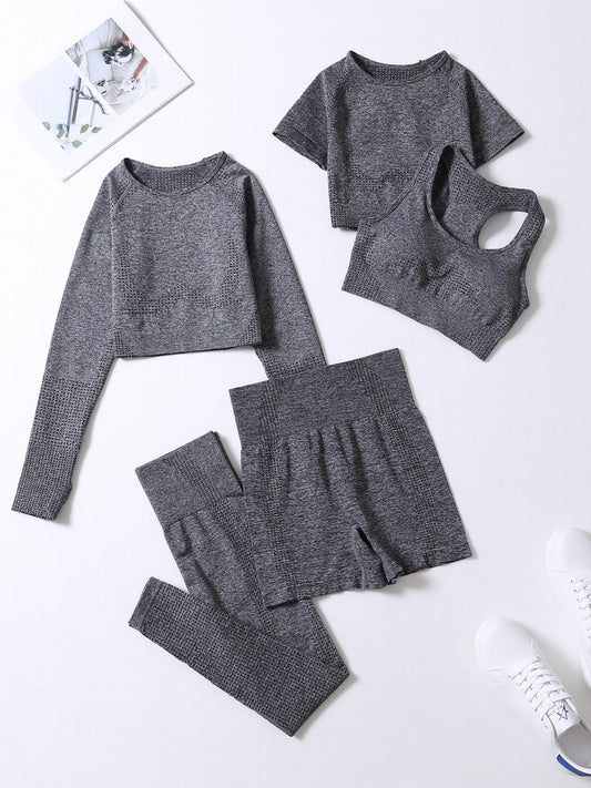 5pcs Workout Sets Crew Neck Sports Bra High Waist Shorts Leggings
