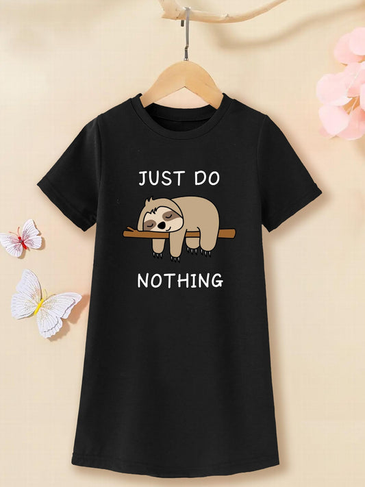 Cartoon Sloth & Letter Graphic T-shirt Dress for Girls