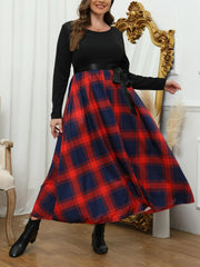  Colorblock Plaid Print Long Sleeve Round Neck Dress