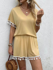Tassel Two piece Set V Neck Short Sleeve T shirt & Wide Leg Shorts