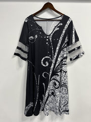  Boho Dress Women's Plus Colorblock Floral Print Mesh Half Sle