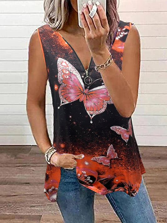 Butterfly Print Zipper V Neck Plus Size Tank Top