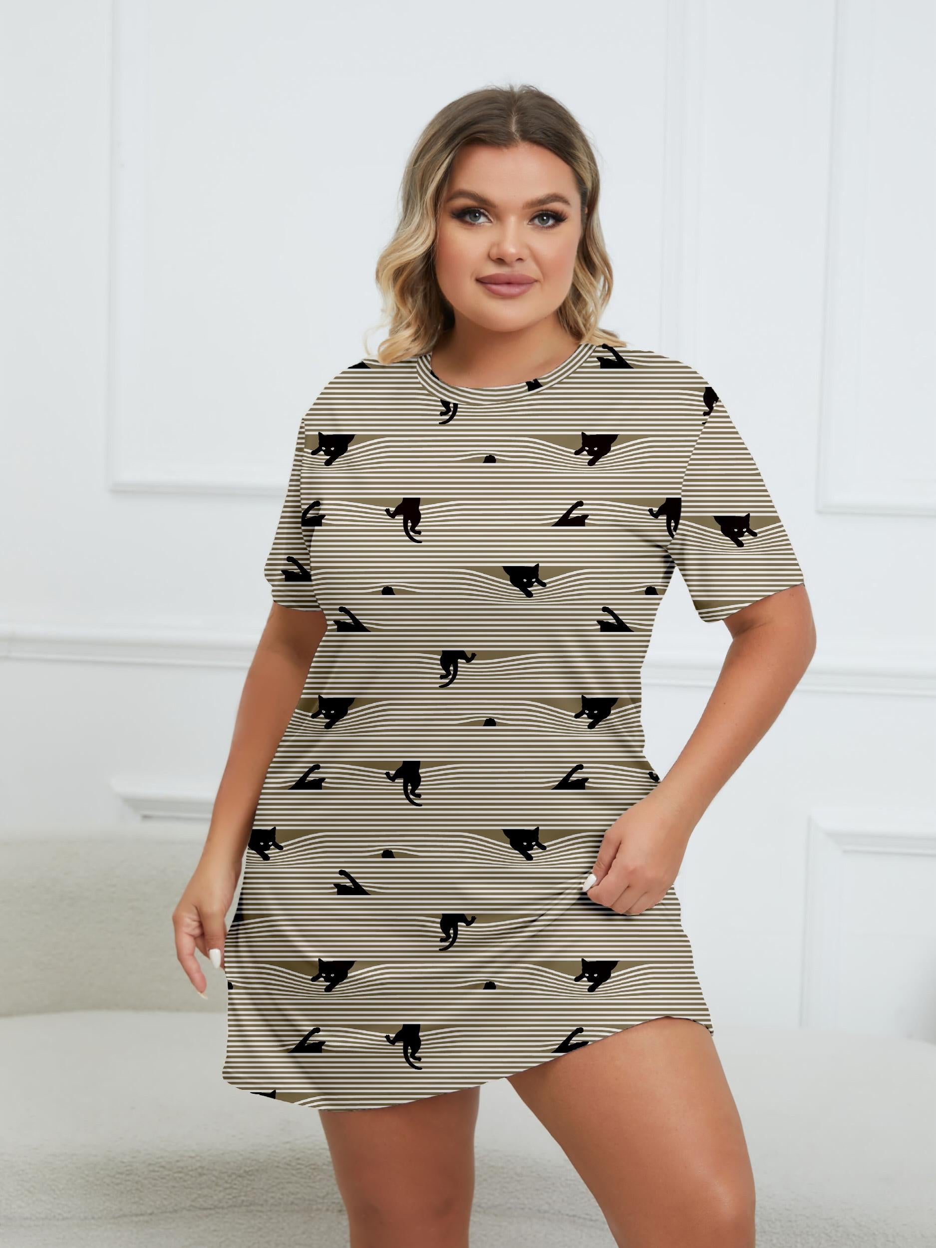  Cat & Stripe Print Tee Nightdress
