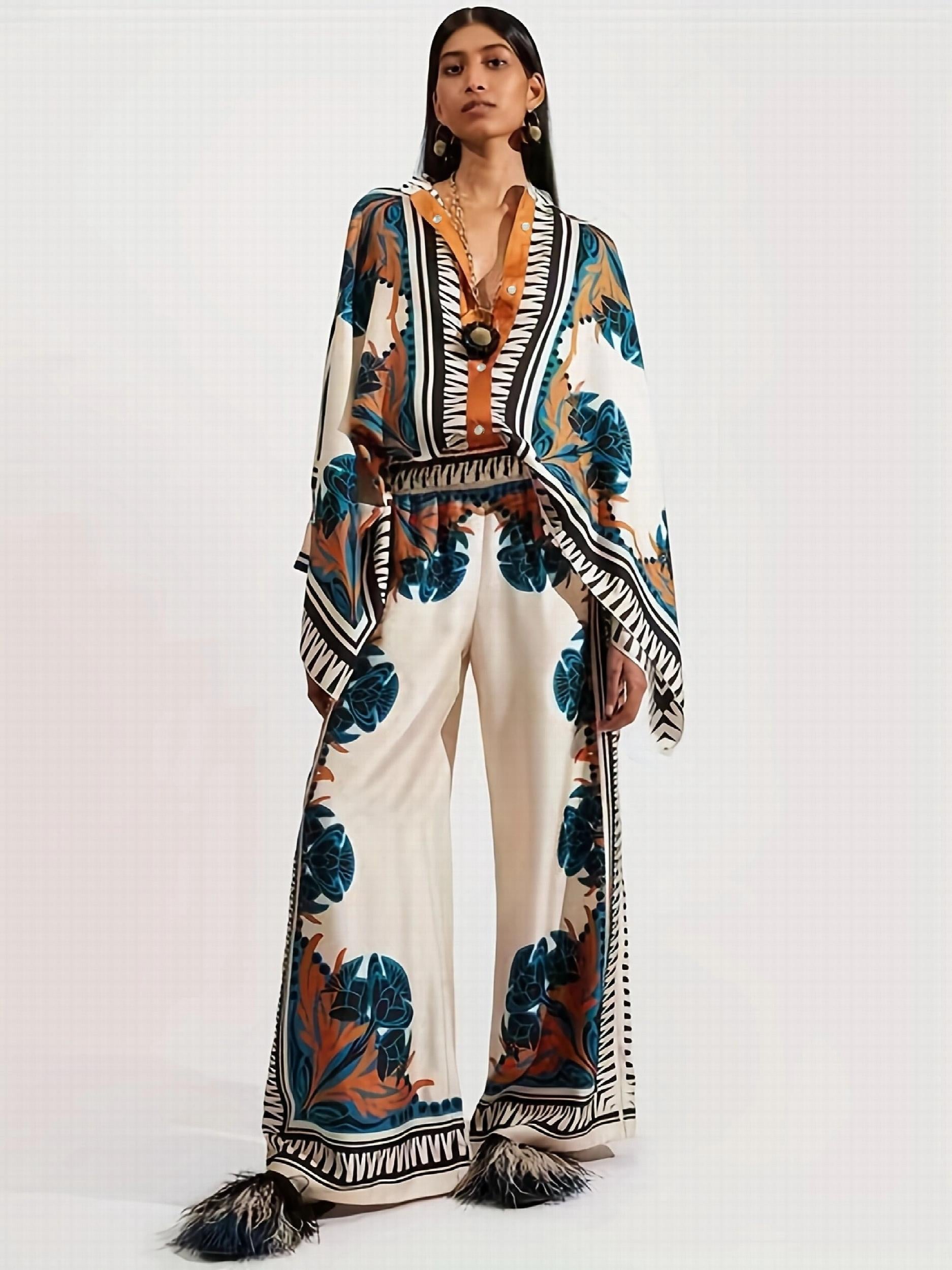 Ethnic Print Two Piece Set Blouse & Pants Outfit