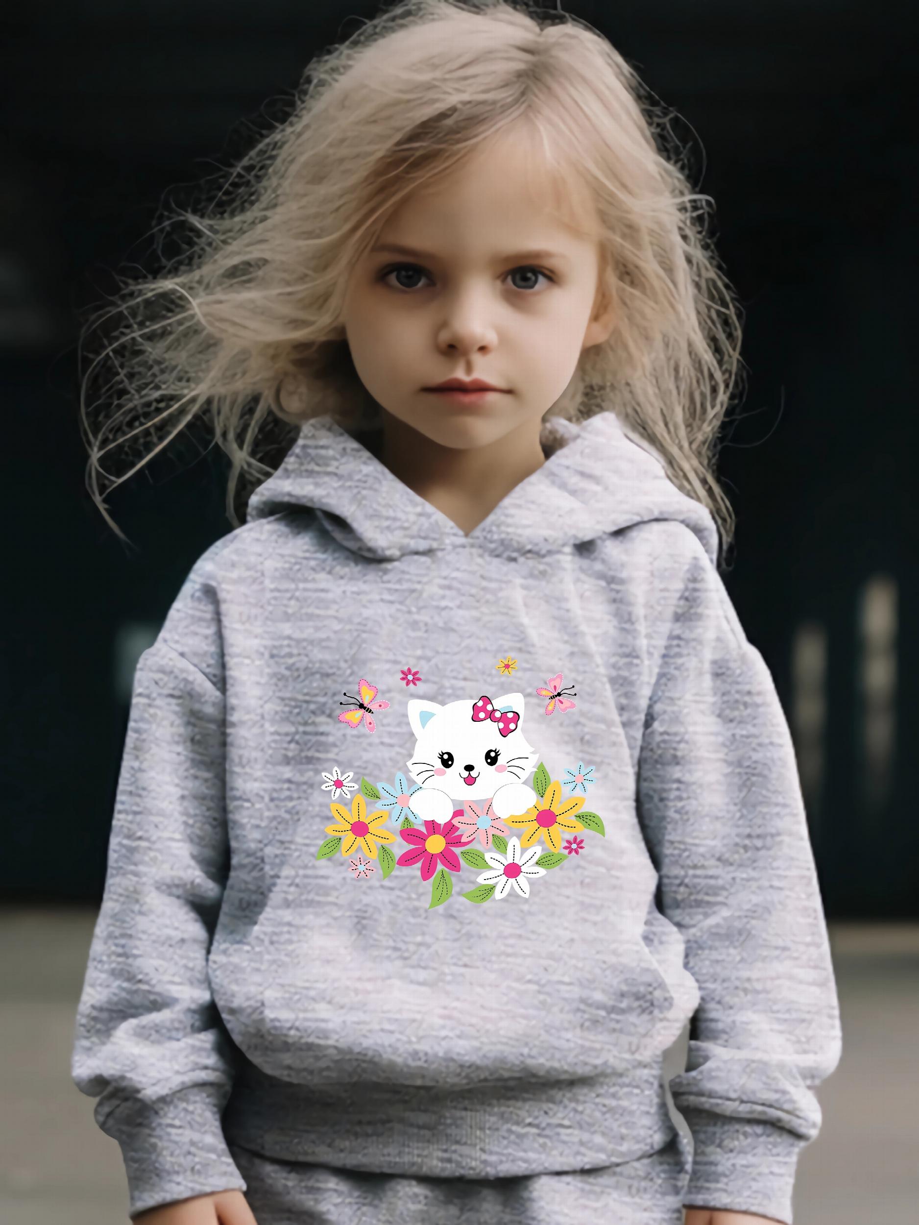 Sweet Kitty & Flower Print Girls Outfit For Sports - Spring/Fall