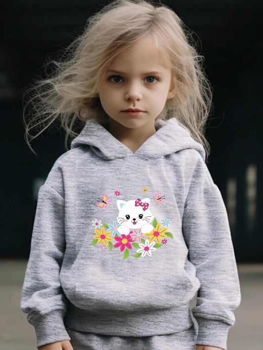 Sweet Kitty & Flower Print Girls Outfit For Sports - Spring/Fall