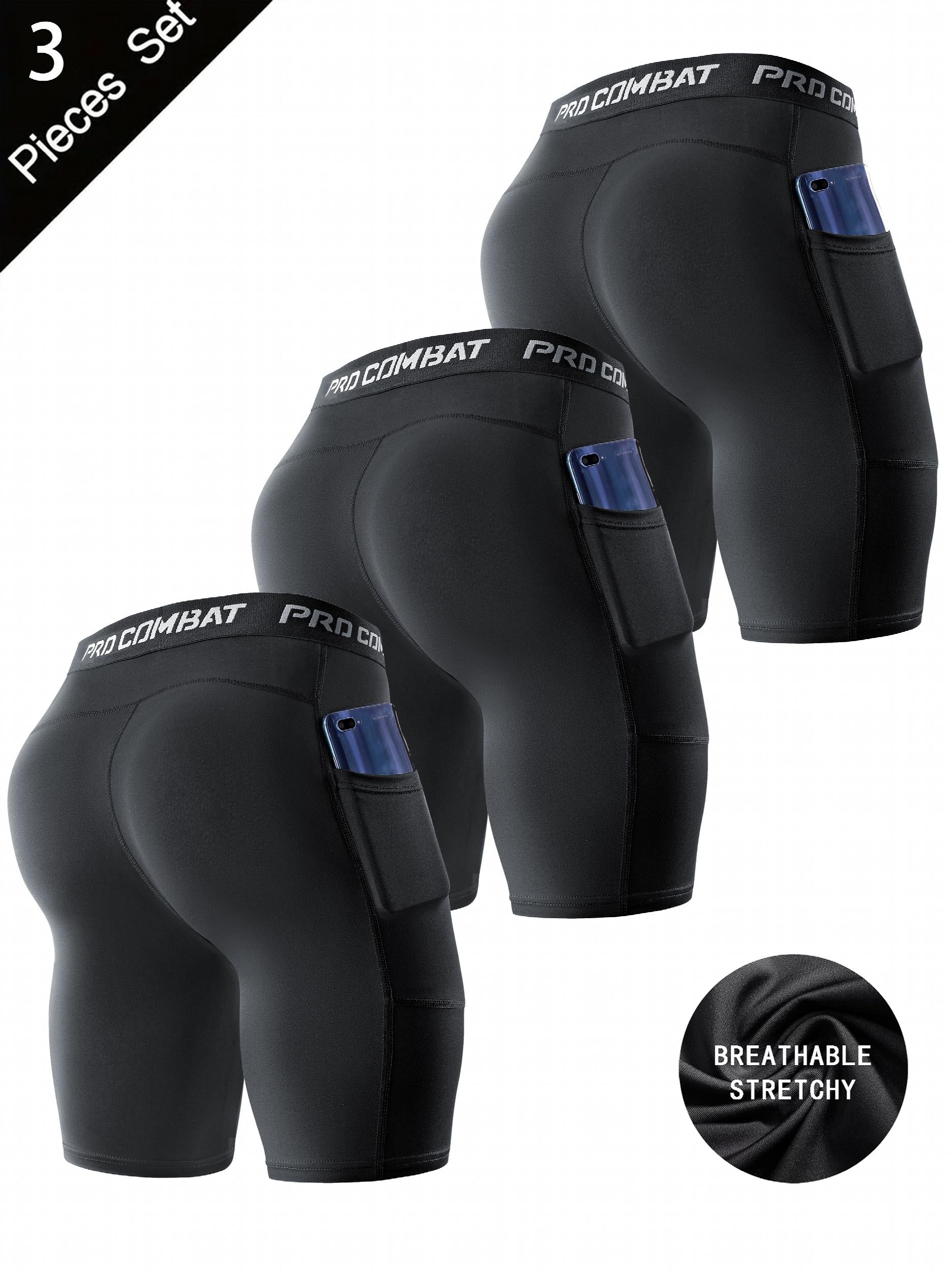 3 Pcs Men's Compression Boxers with Pockets Quick Drying for Fitness