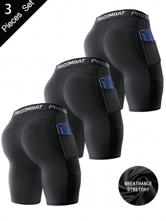 3 Pcs Men's Compression Boxers with Pockets Quick Drying for Fitness
