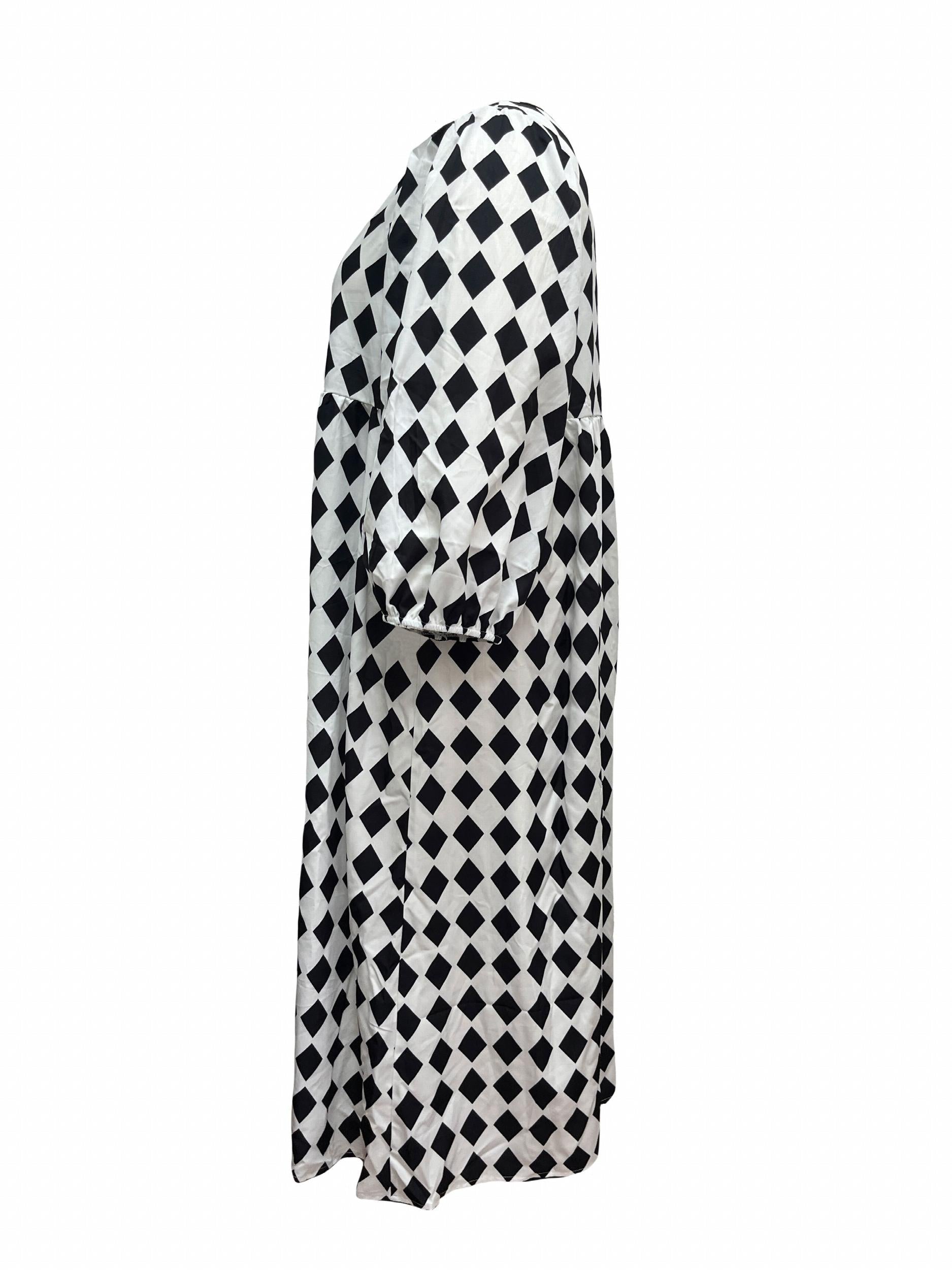  Argyle Print Lantern Sleeve Maxi Dress