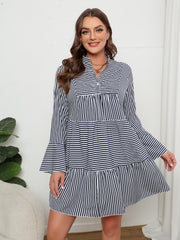  Stripe Print Bell Sleeve Smock Mini Dress