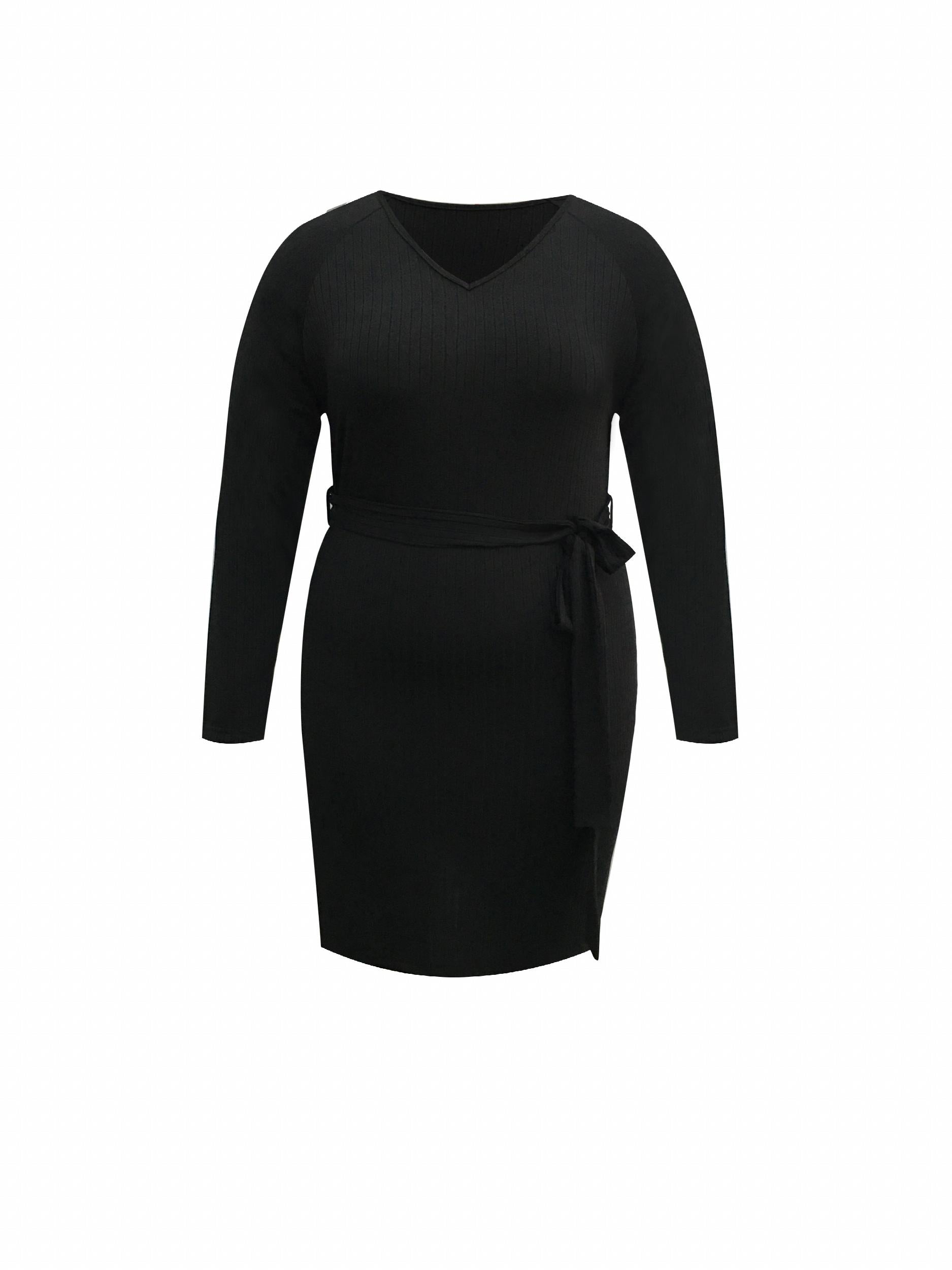  Solid Long Sleeve V Neck Dress With Belt