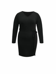  Solid Long Sleeve V Neck Dress With Belt