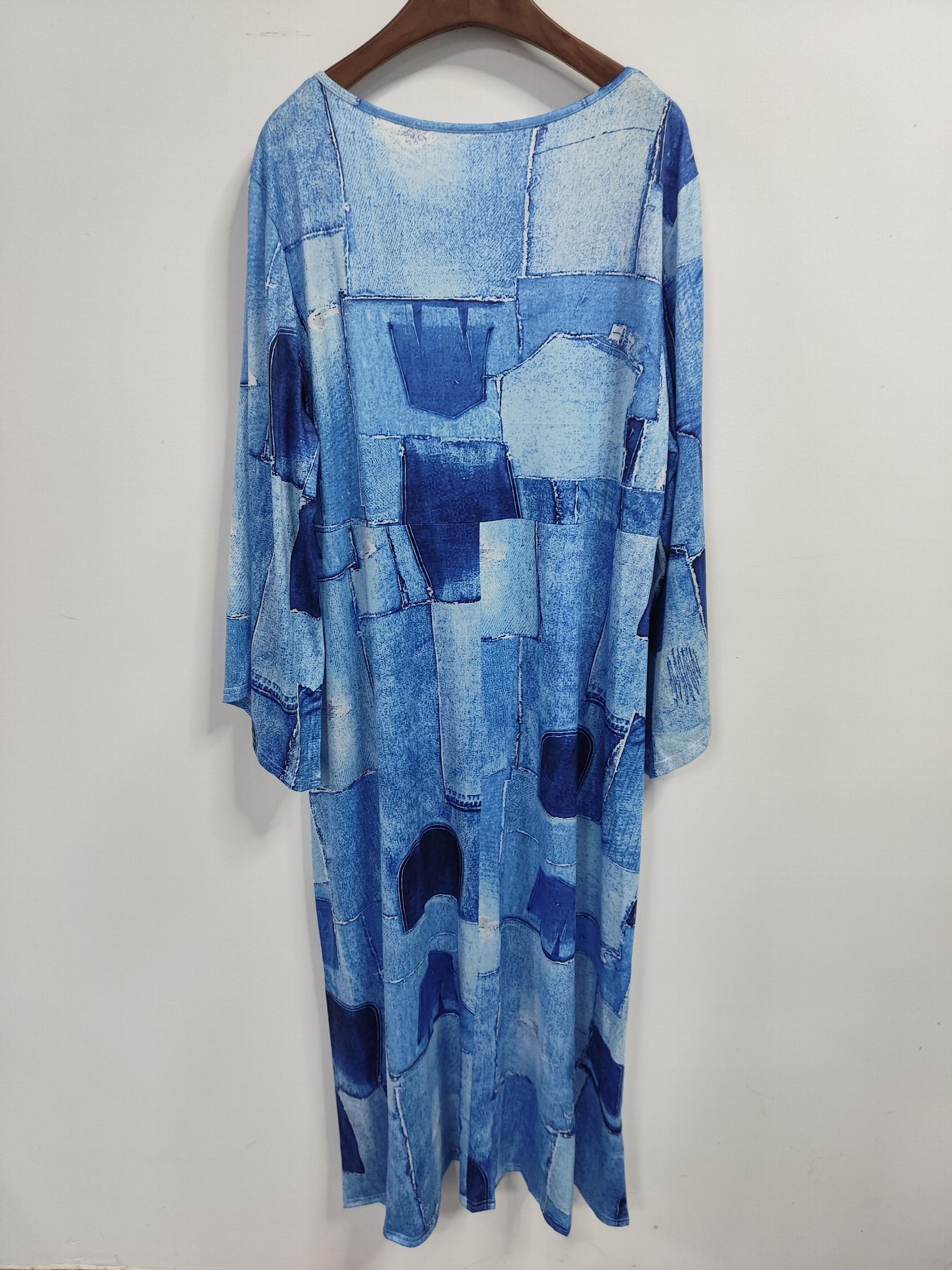 Plus Denim Print Bell Sleeve Round Neck Maxi Dress