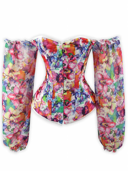 Floral Print Corset Bustier Ruffle Long Sleeve Lace Up Body Shaper