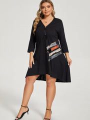 Plus Size Brush Print Zipper V Neck Dress