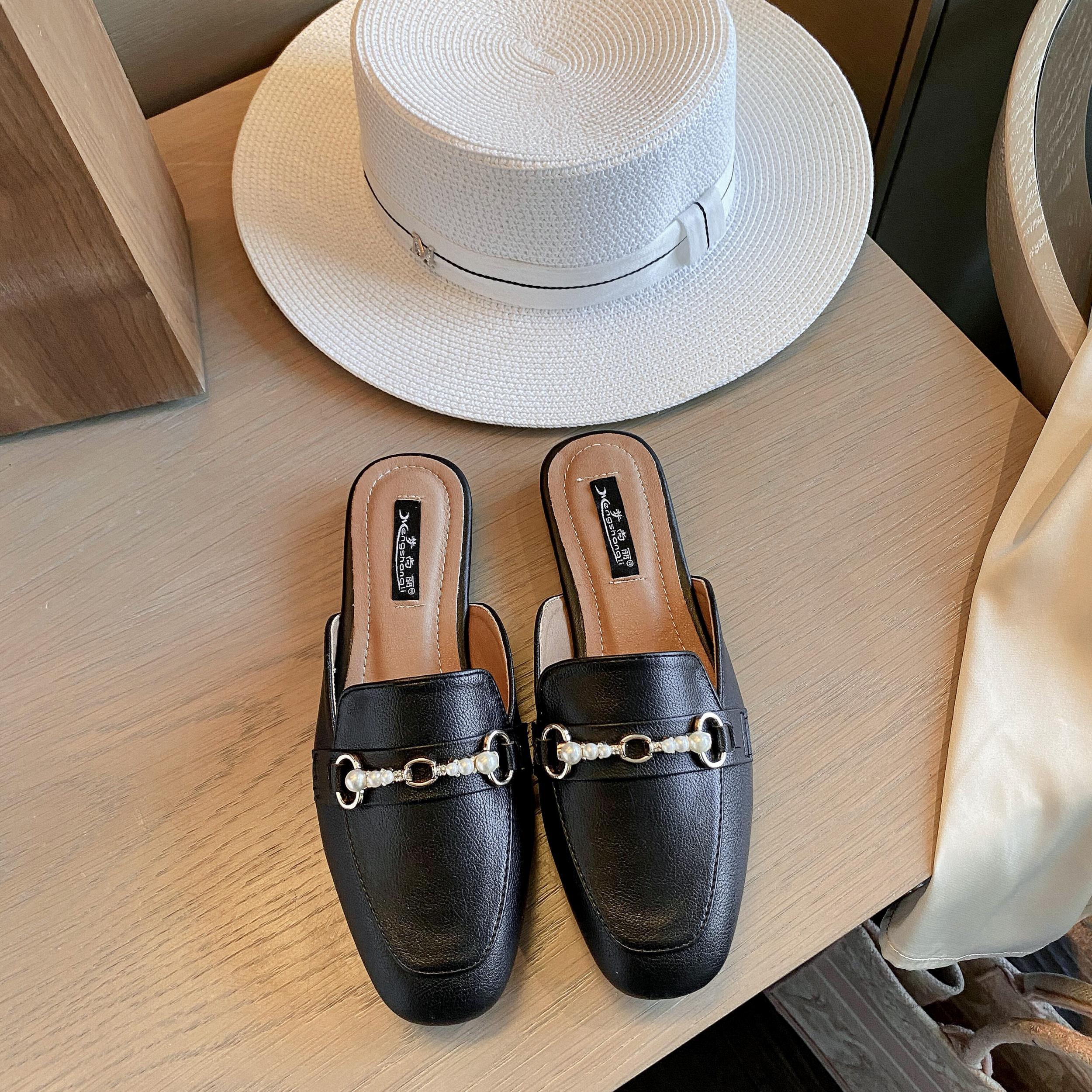 Pearl Chain Square Toe Mules Loafers