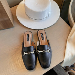Pearl Chain Square Toe Mules Loafers