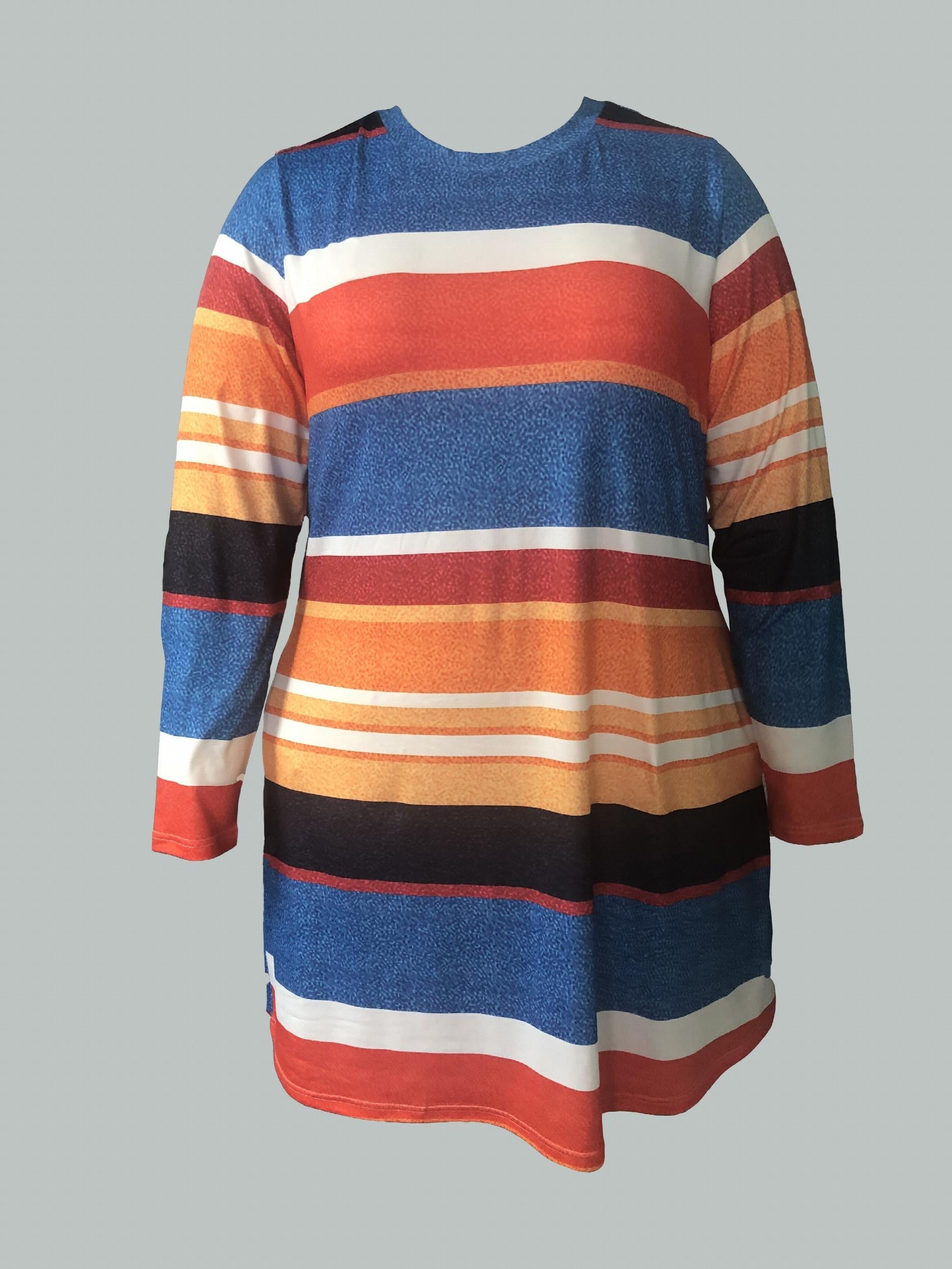  Colorblock Stripe Print Long Sleeve Dress With Pockets