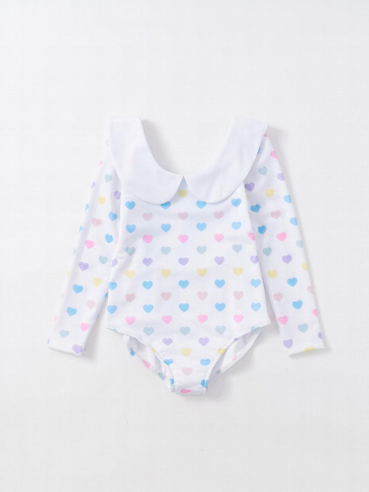 Girl's Heart Print Swimsuit Doll Collar Long Sleeve Bathing Suit