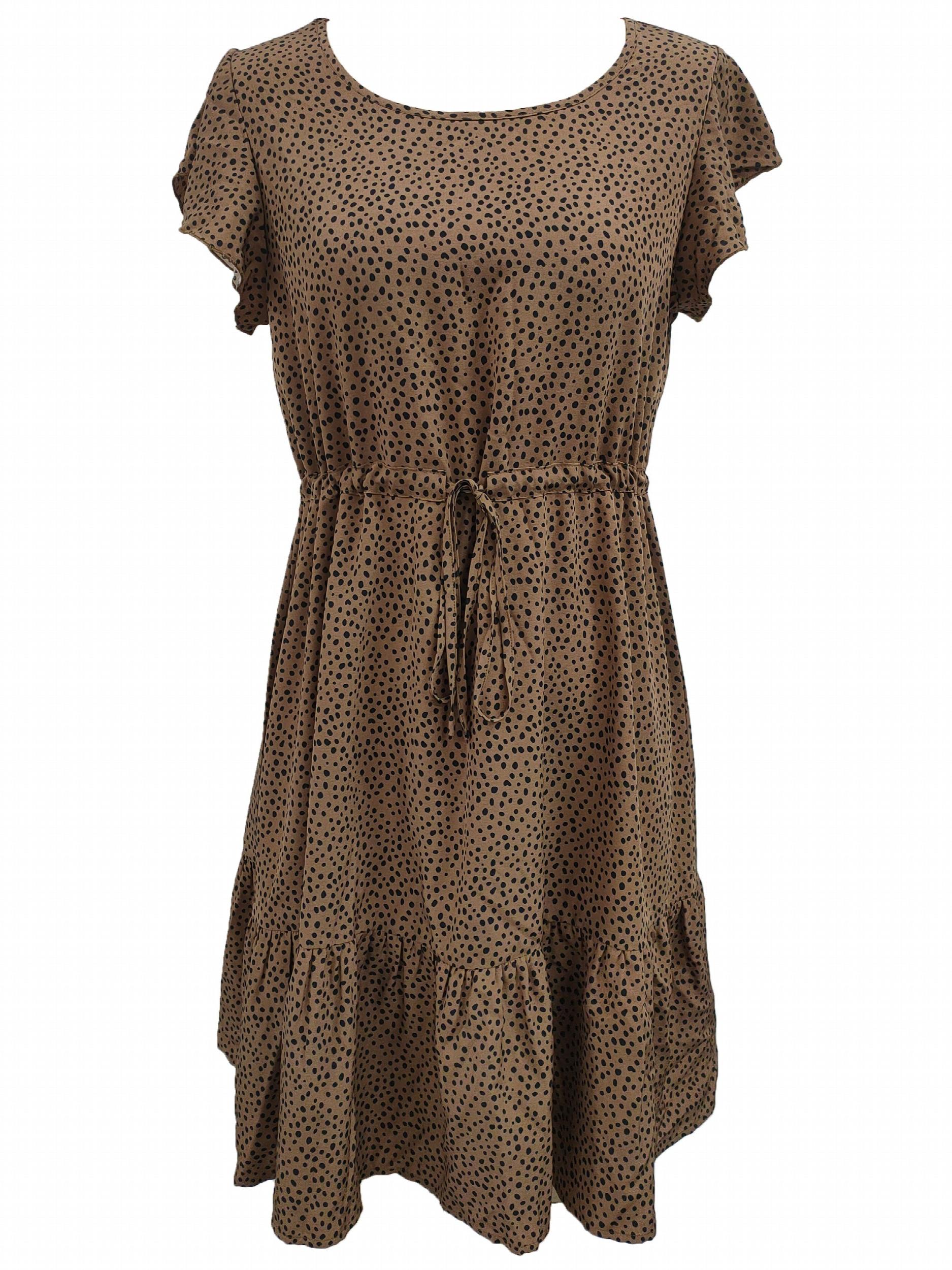 Leopard Print Ruffle Sleeve Dress Casual Crew Neck Slim Waist Drawstring Dress