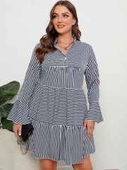  Stripe Print Bell Sleeve Smock Mini Dress