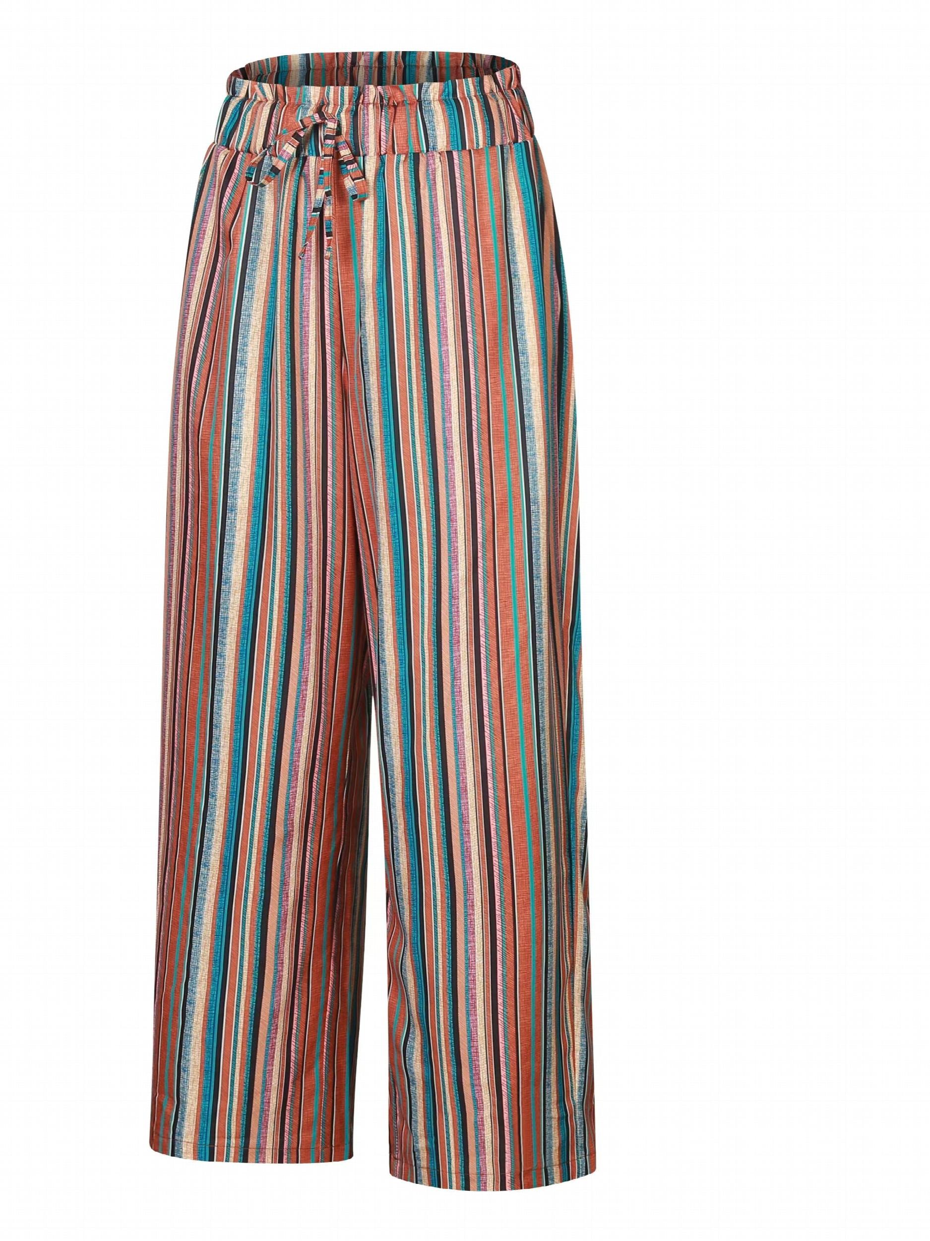  Stripe Print Boho Pants High Rise Wide Leg