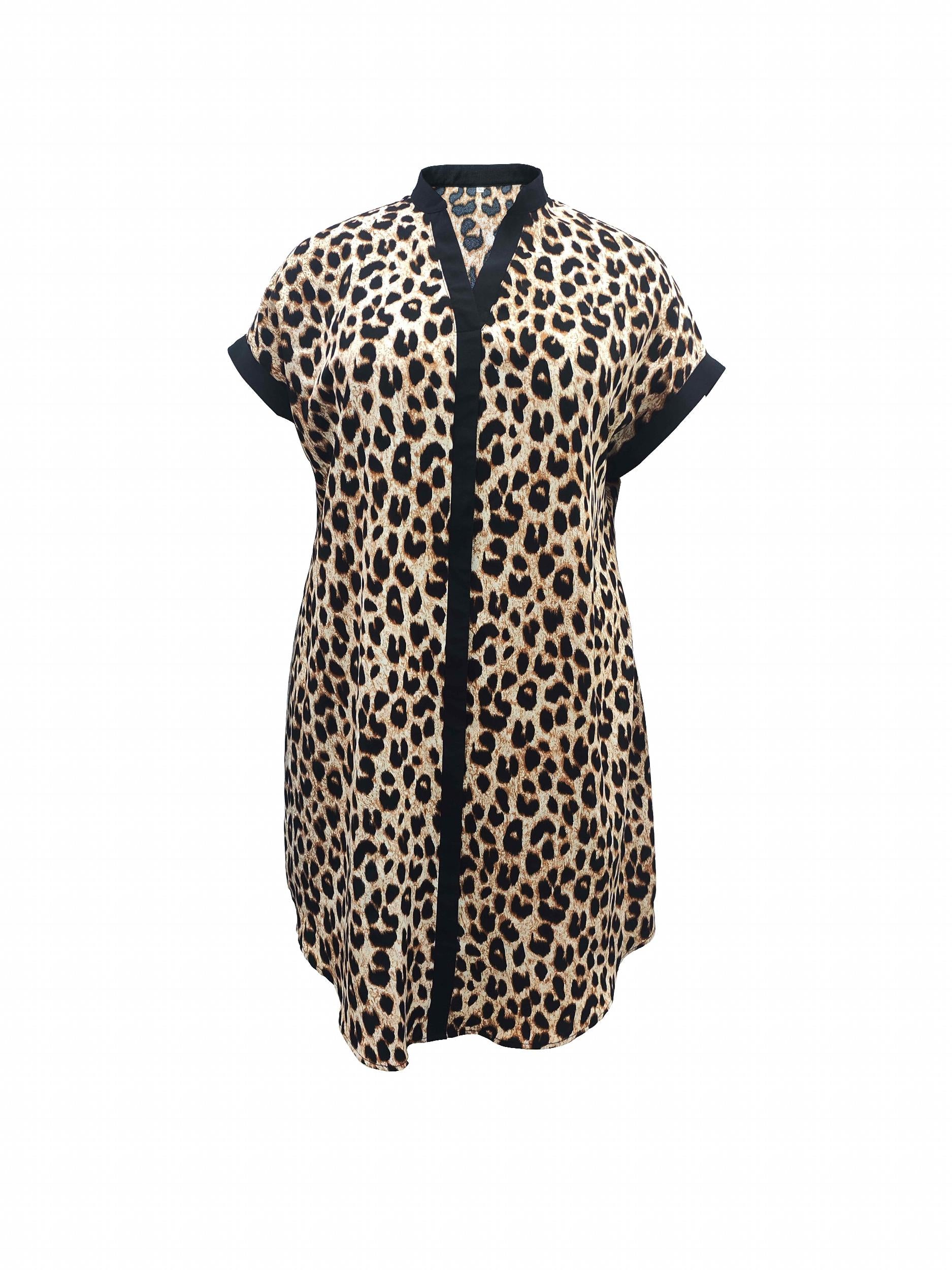  Colorblock Leopard Print V Neck Dress