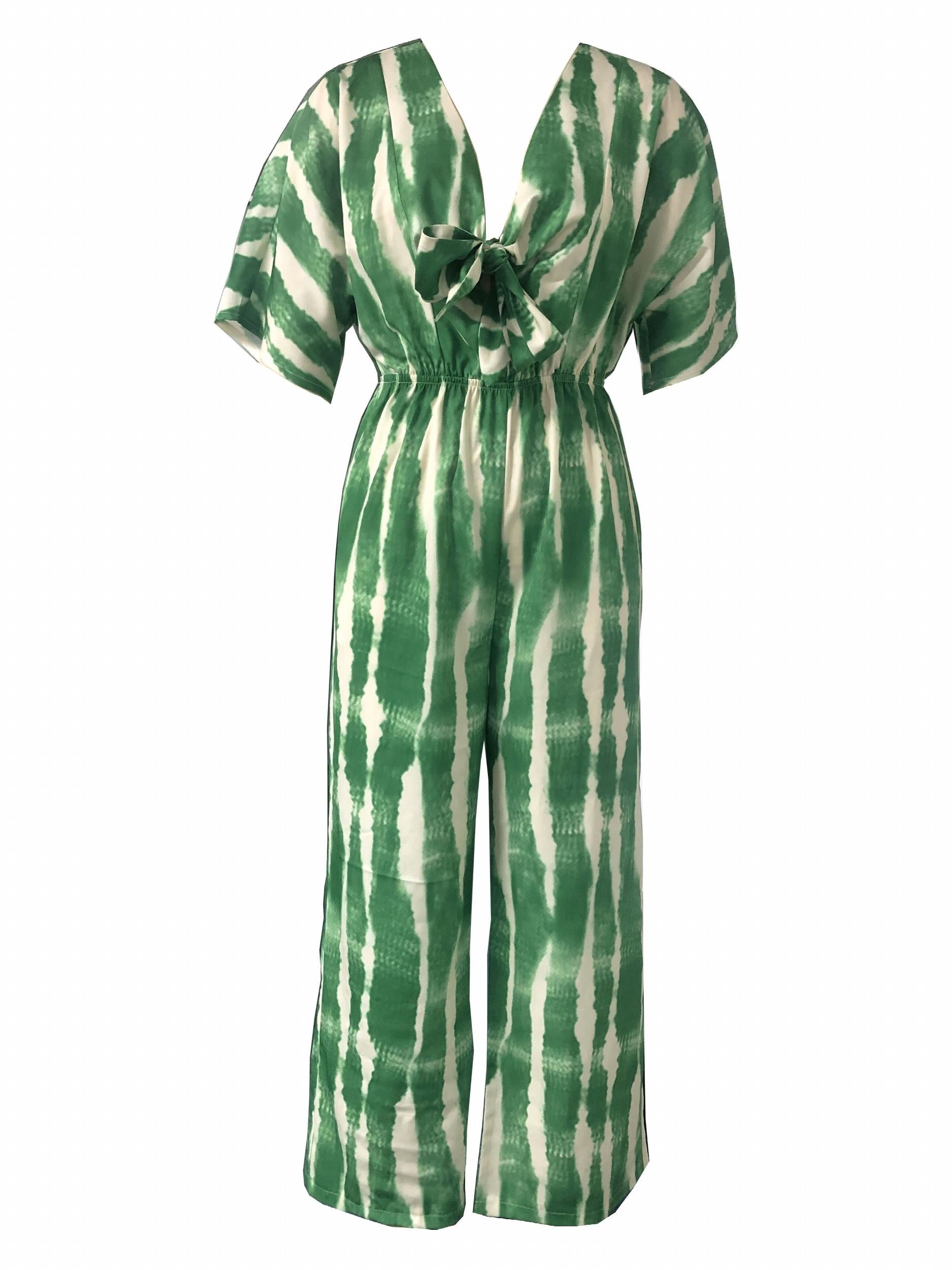 Abstract Print Bow Tie Jumpsuit Short Sleeve Wide Leg