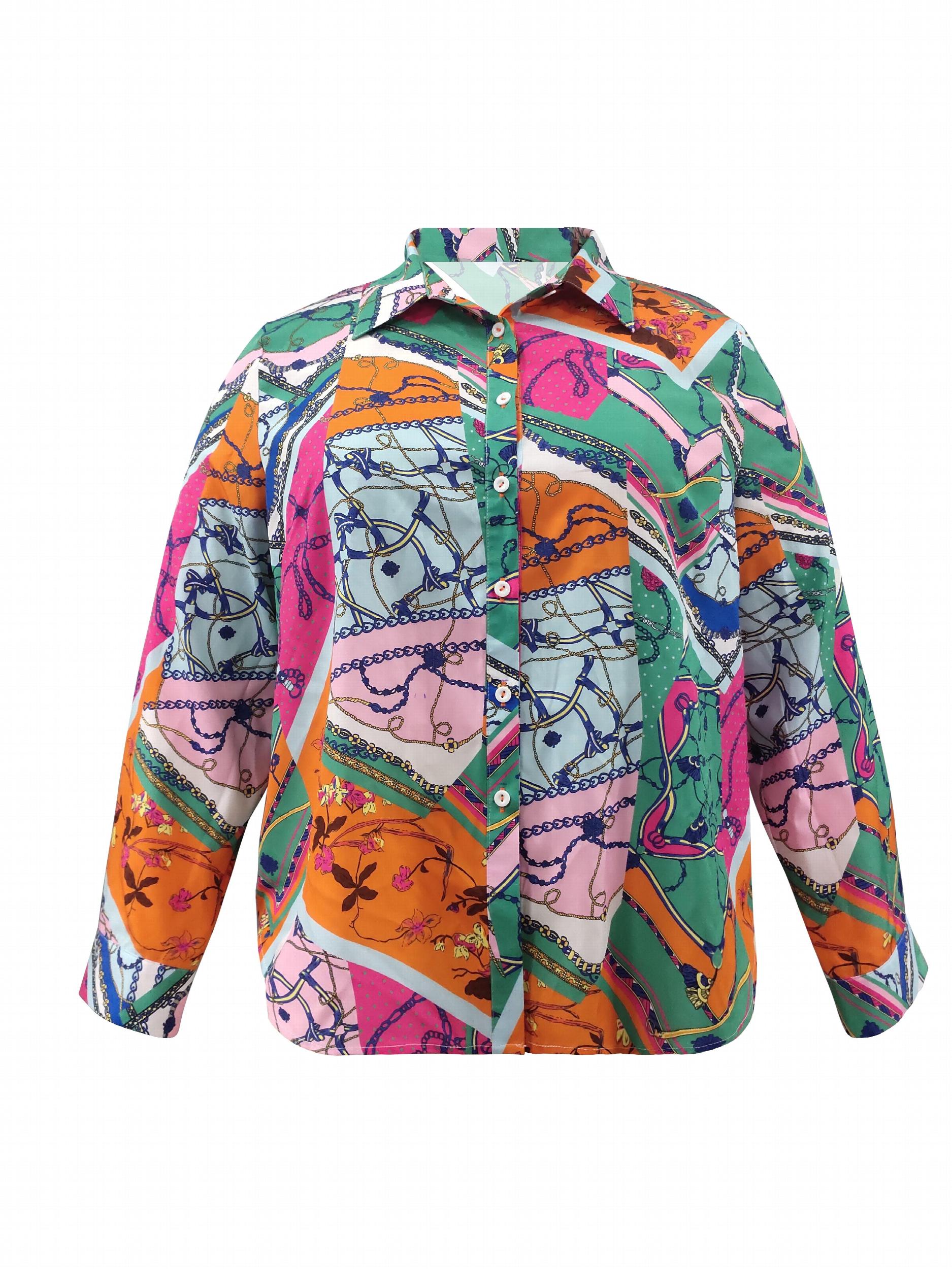  Chain & Floral Print Button Up Long Sleeve Blouse