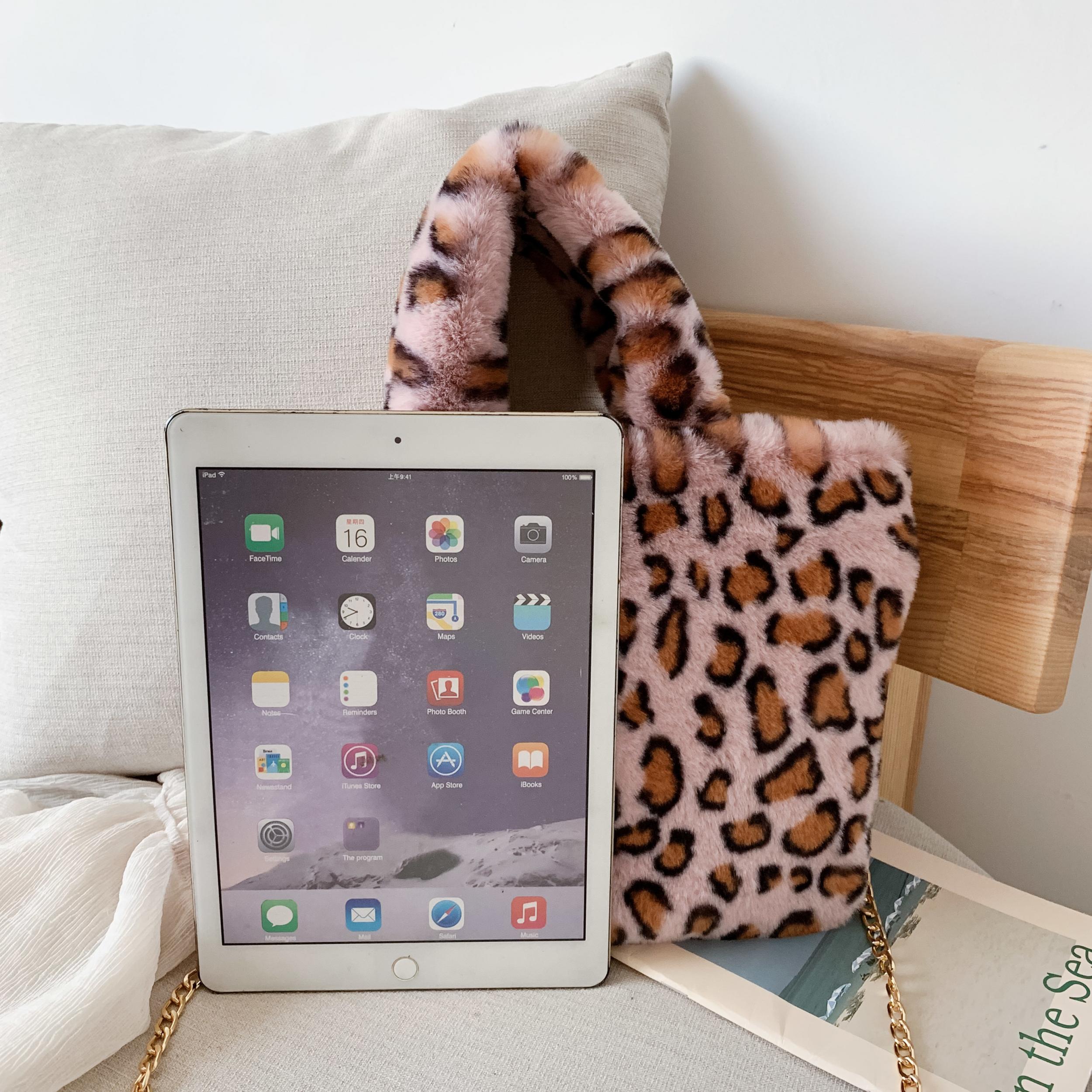 Leopard Faux Fur Shoulder Bag Chain Messenger Large Plush Handbag