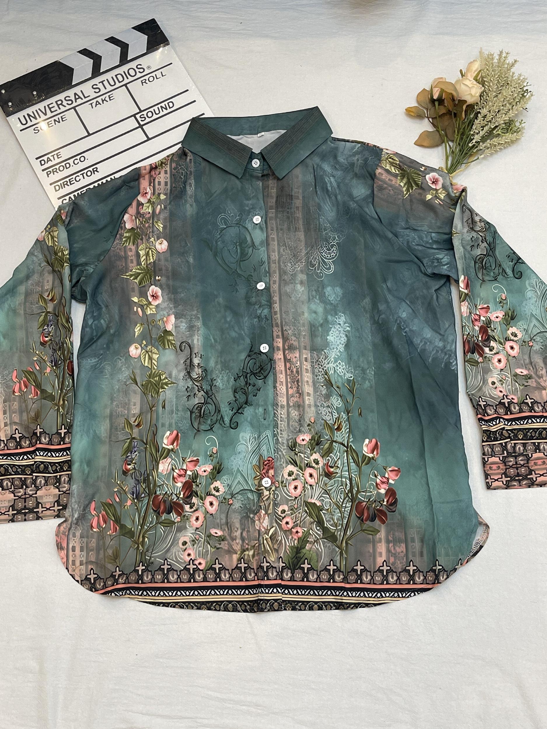  Floral Print Button Up Long Sleeve Blouse