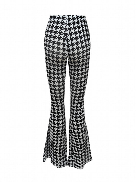 Houndstooth Print Flare Pants High Stretch Bell Bottom Sports Pants