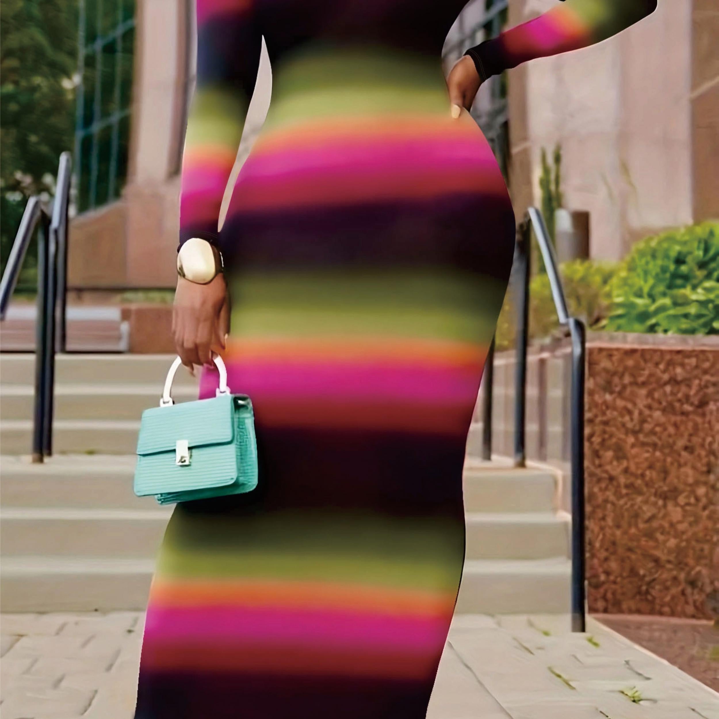 Plus Stripe & Ombre Print Long Sleeve Maxi Dress