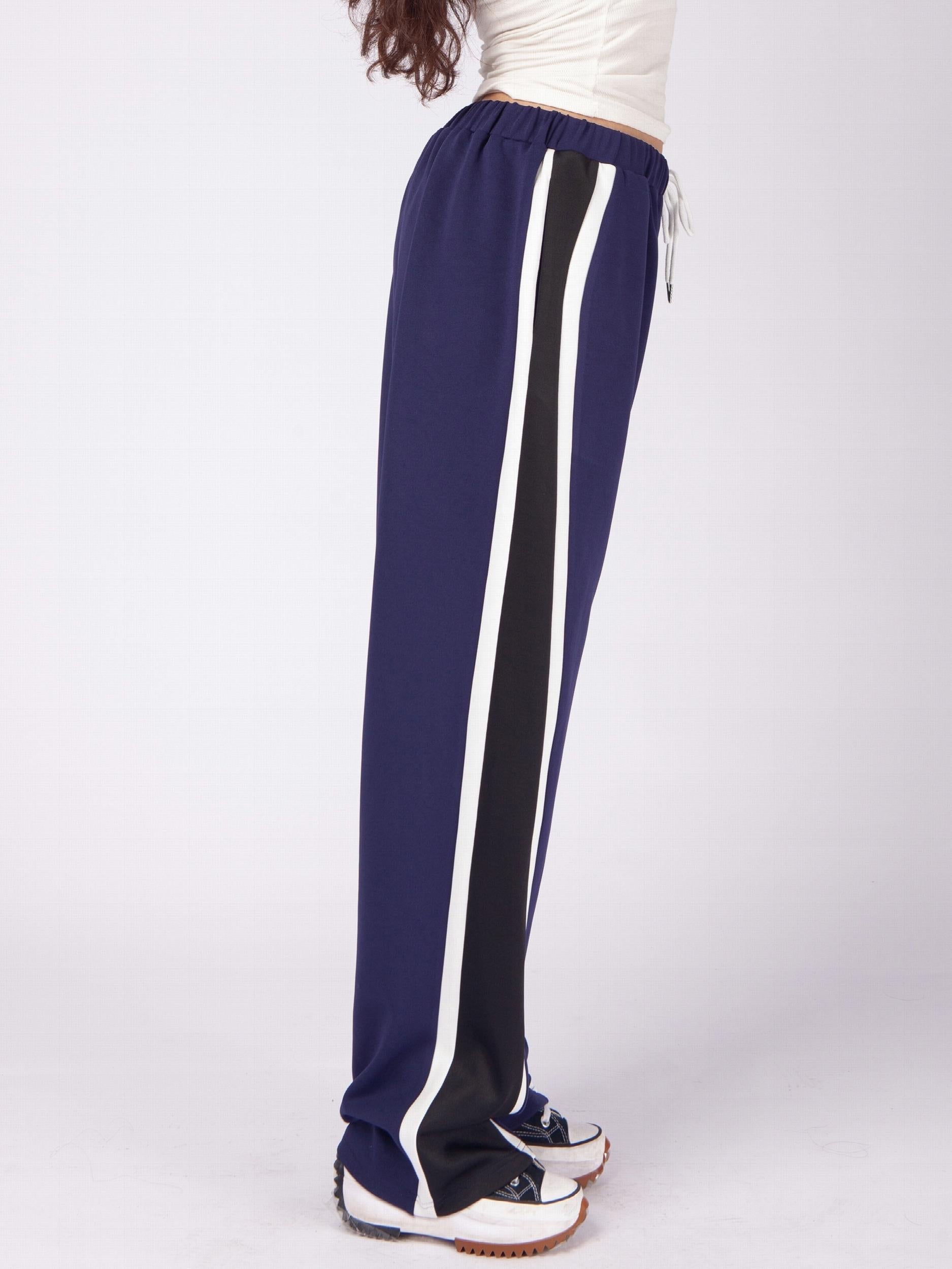  Stripe Print Elastic Drawstring High Rise Wide Leg Pants