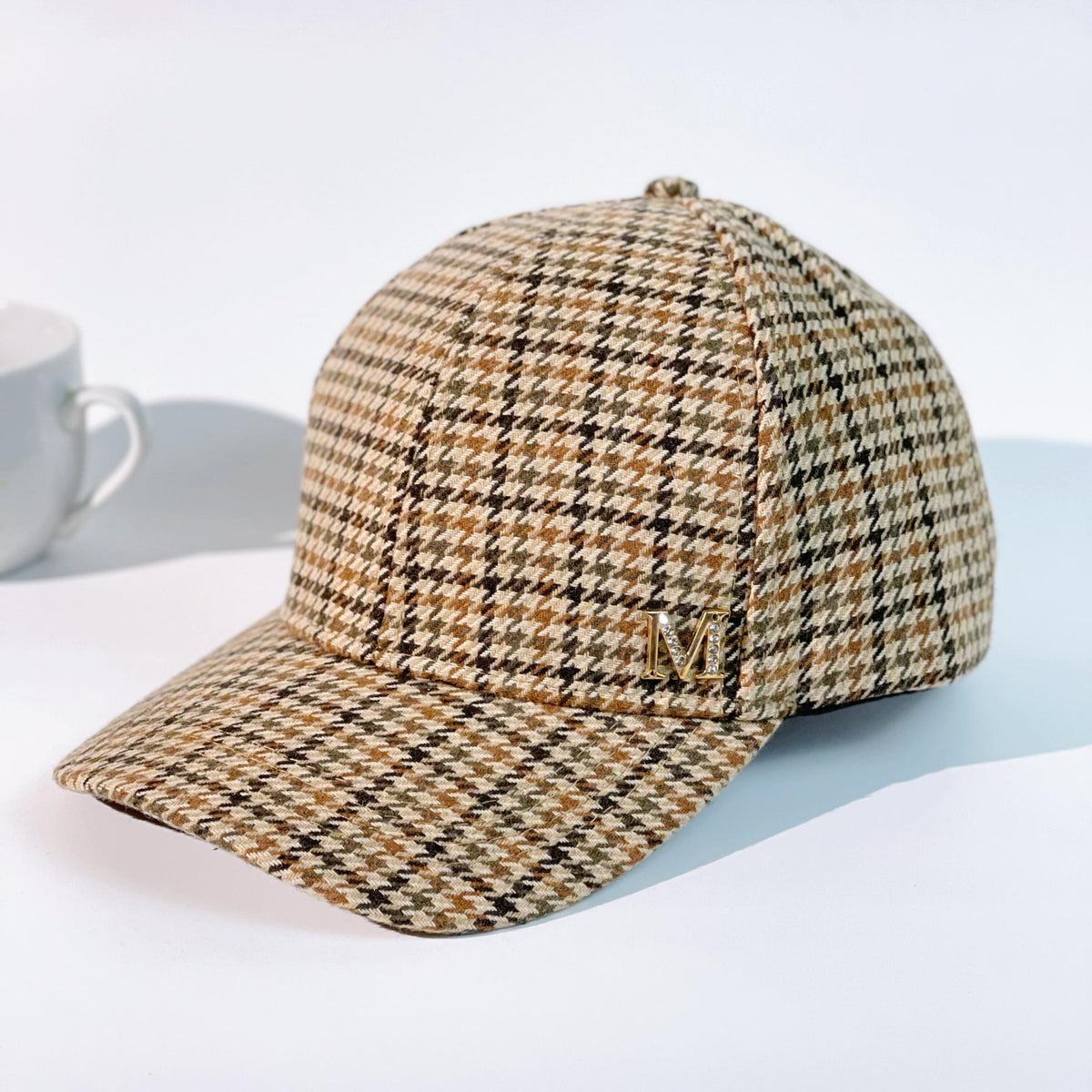 Houndstooth Pattern Baseball Cap M Label Decor Beige Sun Hats