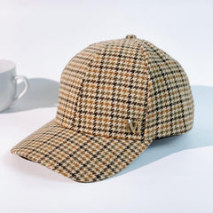 Houndstooth Pattern Baseball Cap M Label Decor Beige Sun Hats