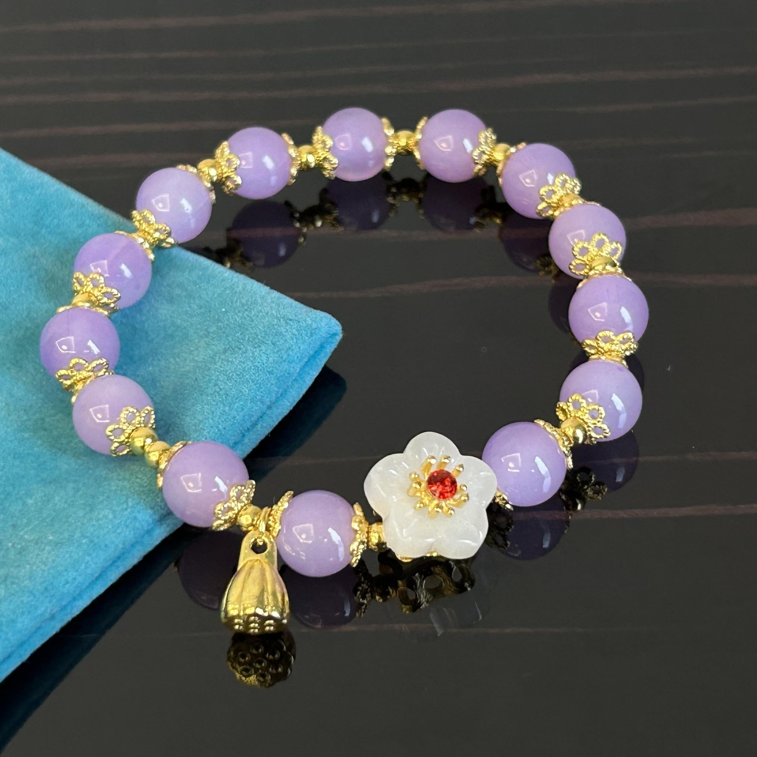 Purple Bead Bracelet with Peach Blossom & Lotus - Ideal Gift for Her