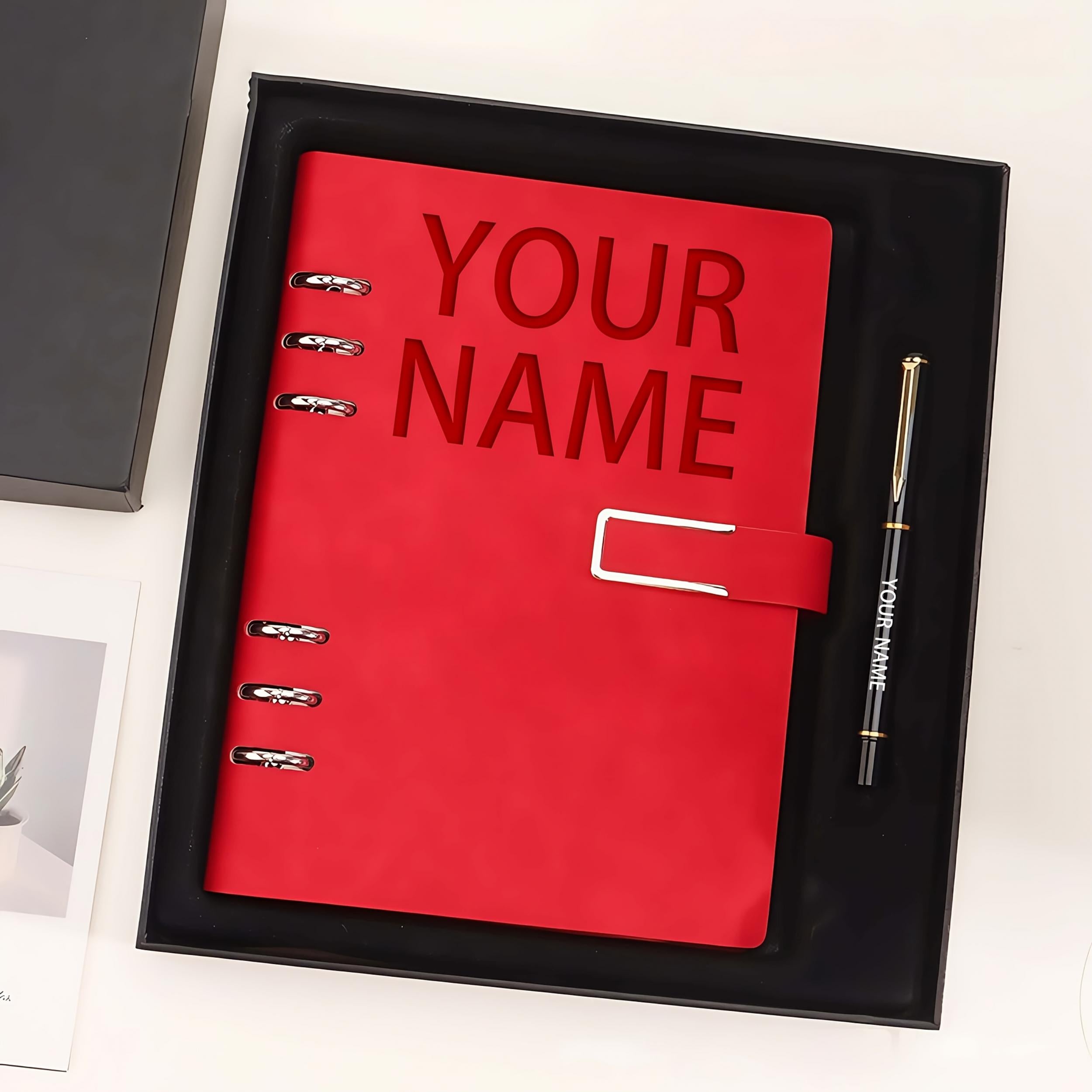 Personalized A5 Soft Cover Notebook, Metal Rings, Light Red