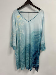  Ombre Print Flared Sleeve V Neck Dress