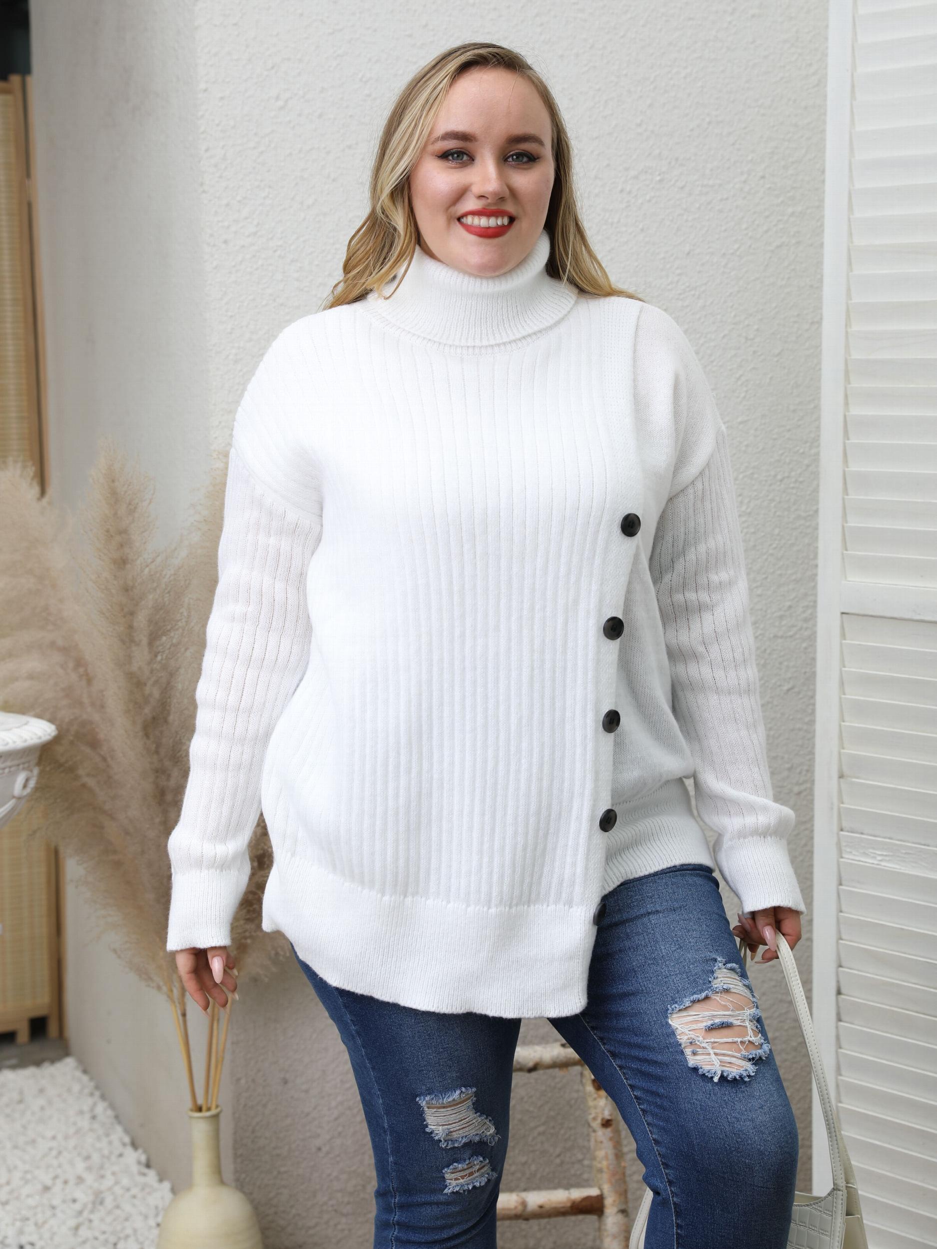  High Neck Casual Sweater Solid Cable Button Long Sleeve