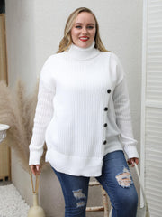  High Neck Casual Sweater Solid Cable Button Long Sleeve