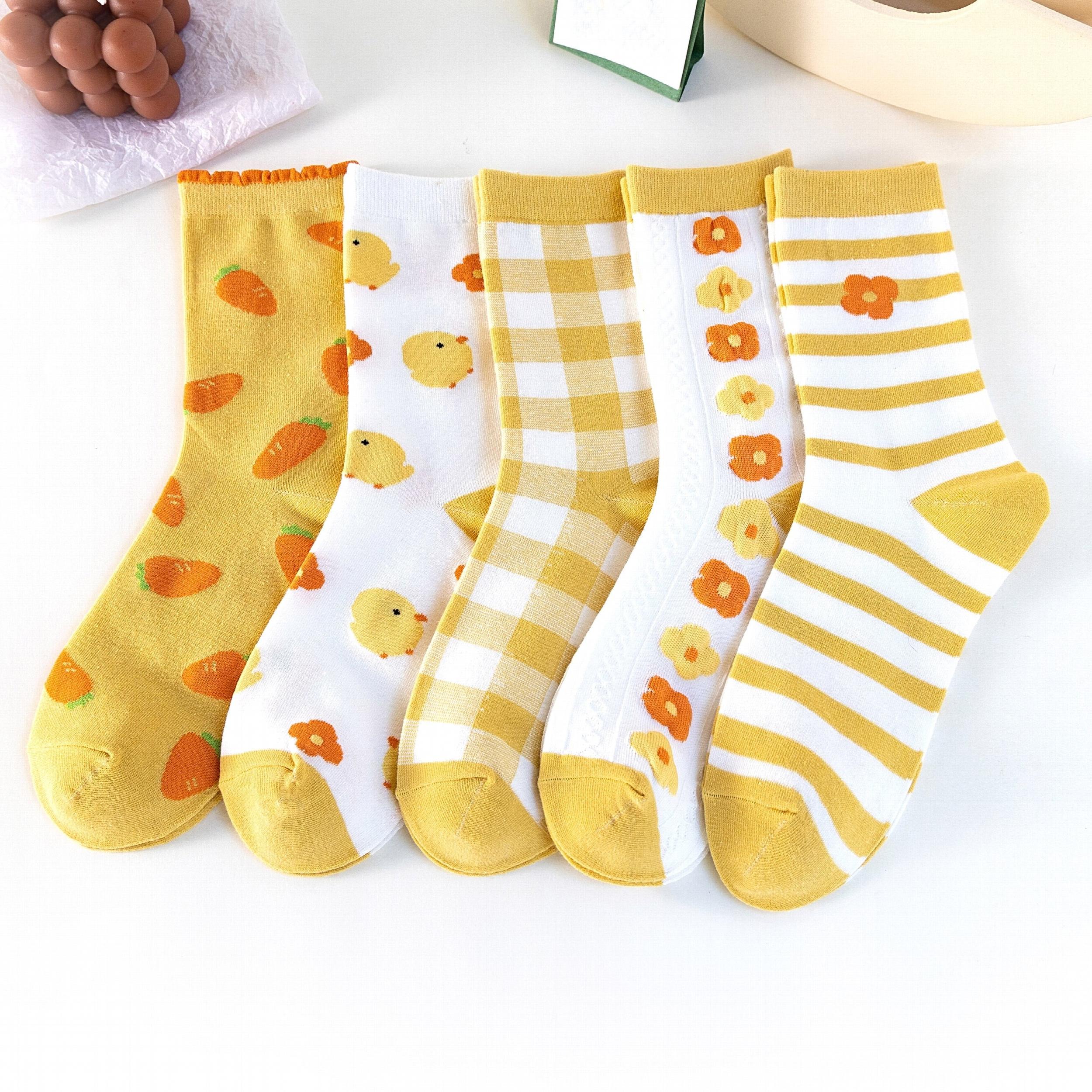 5 Pairs Flower & Striped Socks Comfy & Carrot Pattern Stockings