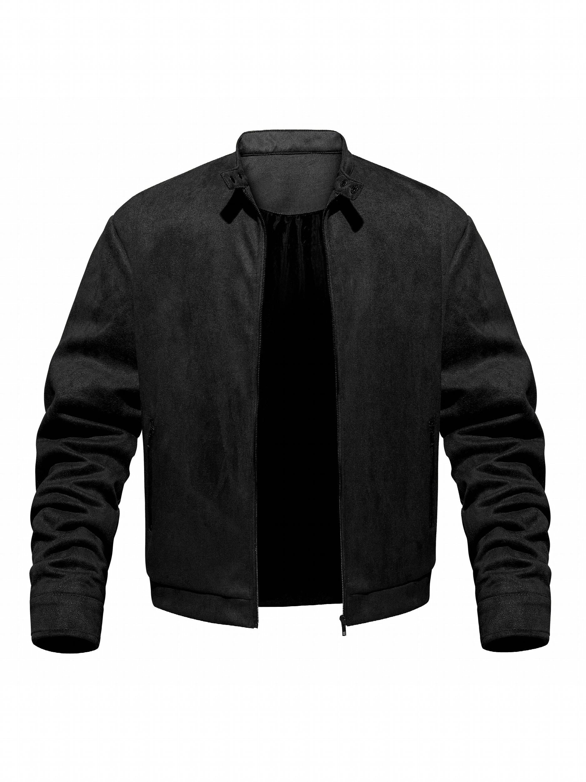 PU Jacket Men's Solid Zip Up Stand Collar Faux Leather Jacket