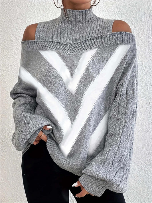  Women's Stripe Print High Neck Sweater