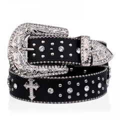 Rivet Belt Engraved Buckle Rhinestone PU Belt