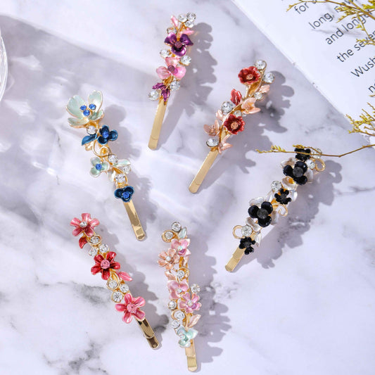 Alloy Flower Edge Clip Retro Style Plant Bangs Clip Rhinestone Clips