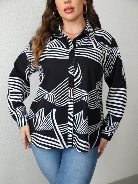 Abstract Stripe Print Button Up Blouse